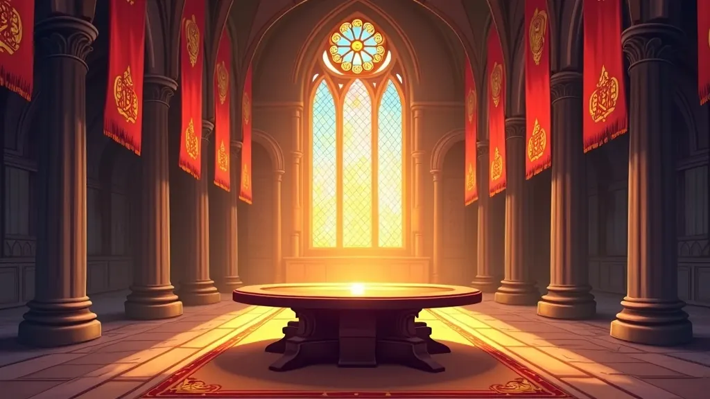 A sunlit guild hall — a round table beneath a stained-glass window, red and gold banners hanging from stone pillars