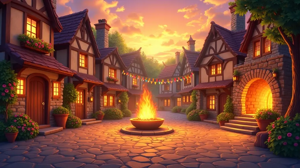 A cobbled village square at sunset — timbered cottages with glowing windows around a burning hearth-brazier