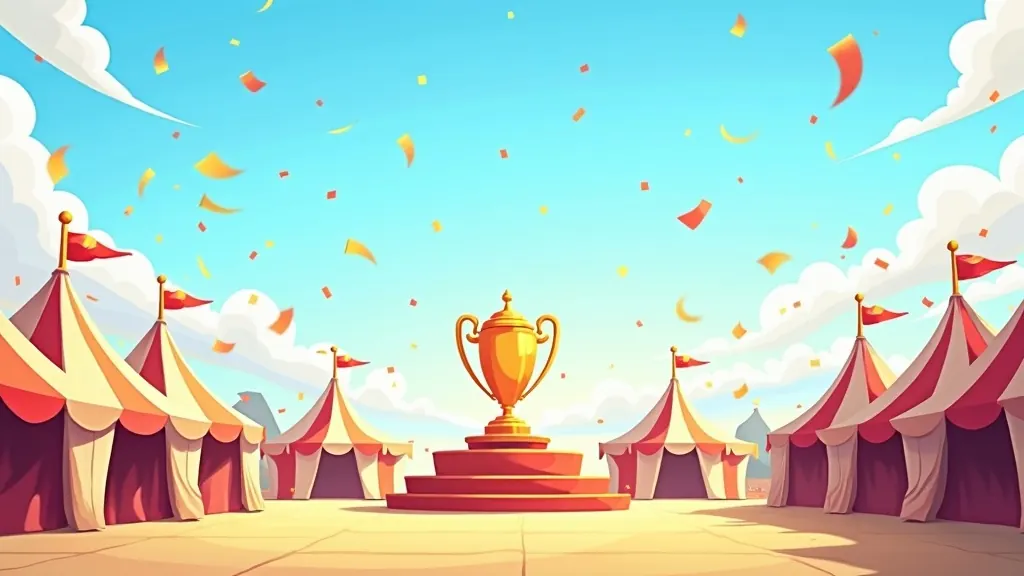 A golden trophy on a podium among festival tents, confetti drifting through a bright sky