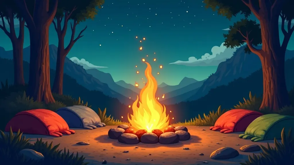 A campfire burning under a starry sky, colorful bedrolls gathered close between mountain silhouettes