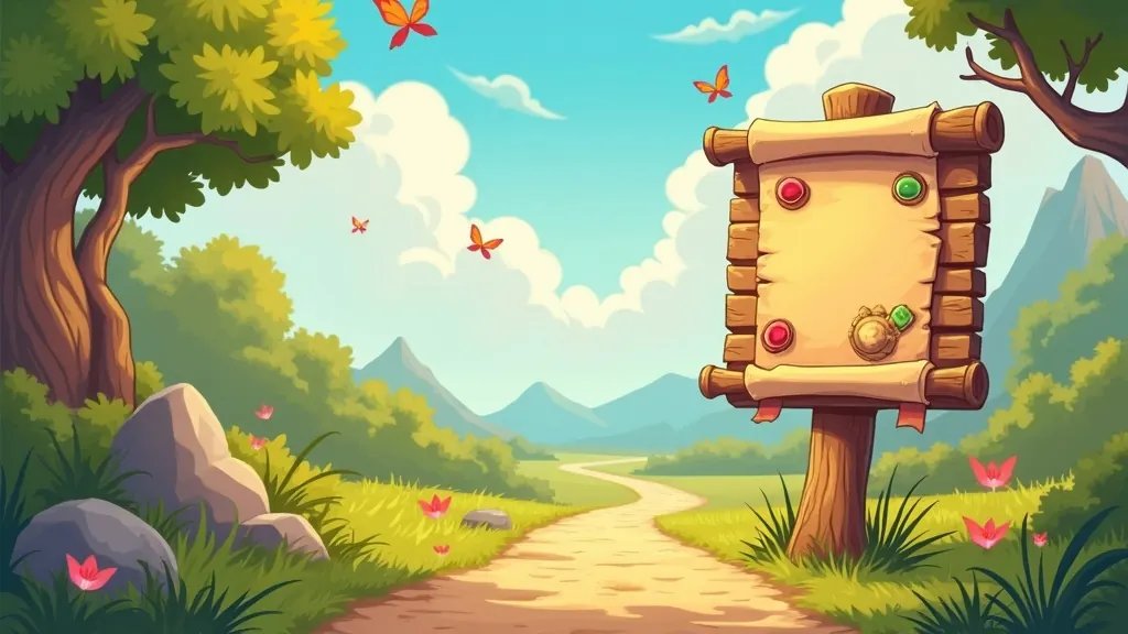 A parchment quest board on a wooden post beside a winding country path, butterflies drifting past